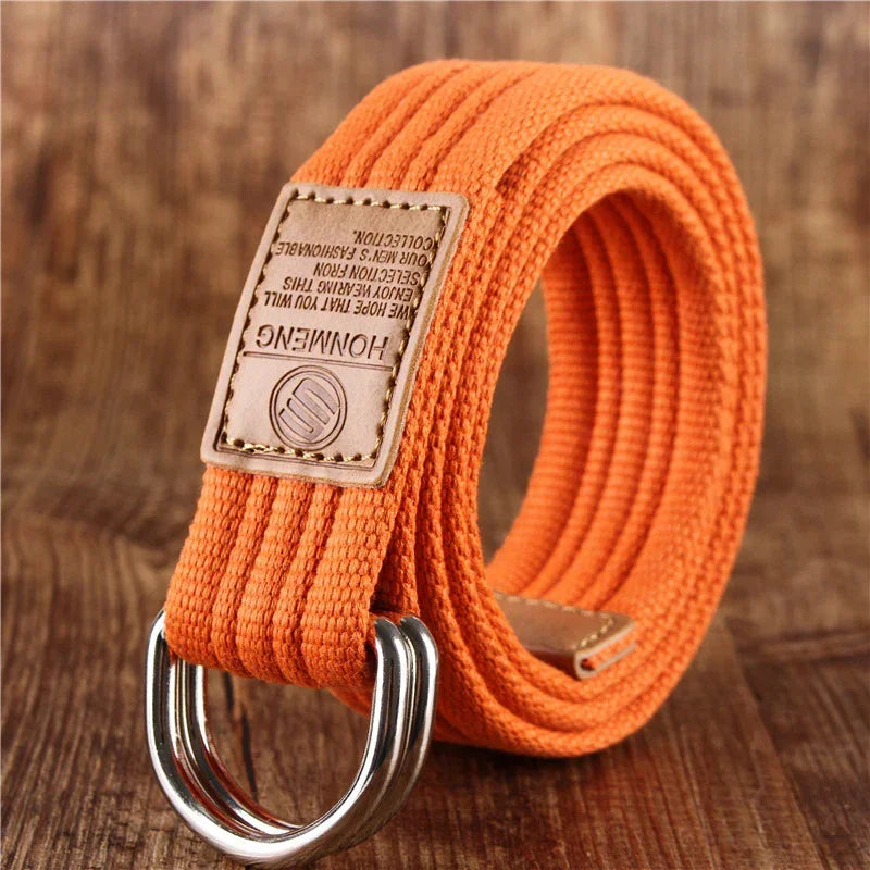 Orange canvas belt with silver double D-ring buckle and leather accent, casual streetwear style