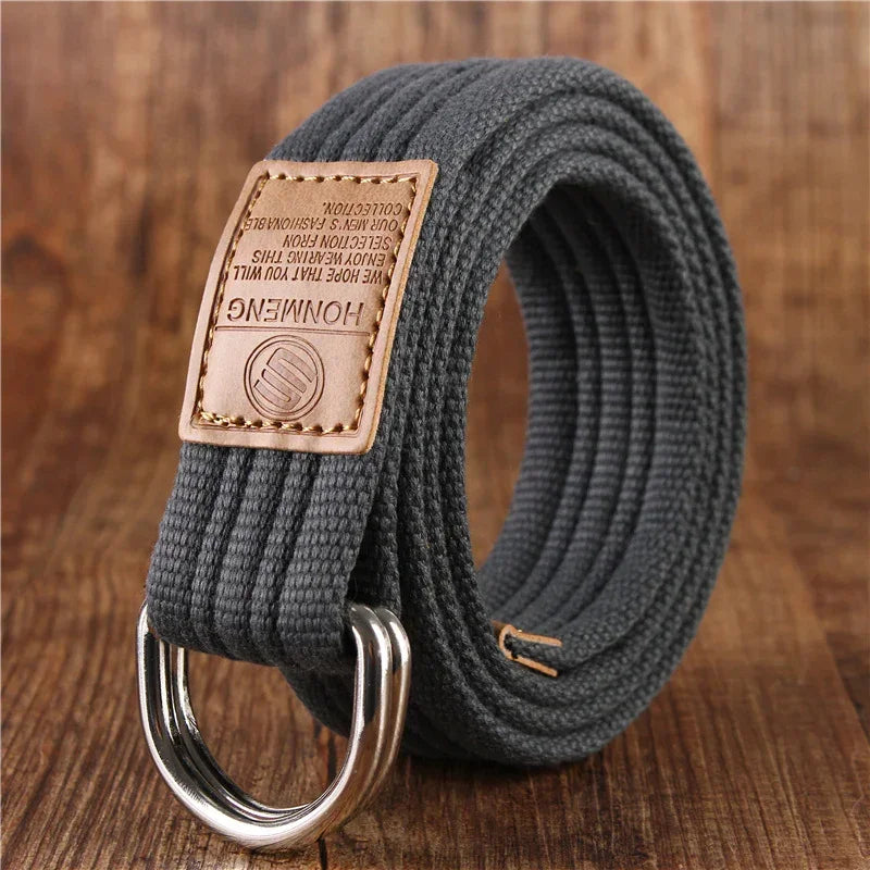 Grey canvas web belt with double D-ring metal buckle and leather accent, casual style