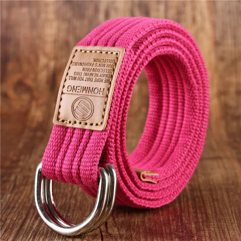 Pink woven fabric belt with double metal ring buckle and tan stitched patch, casual style