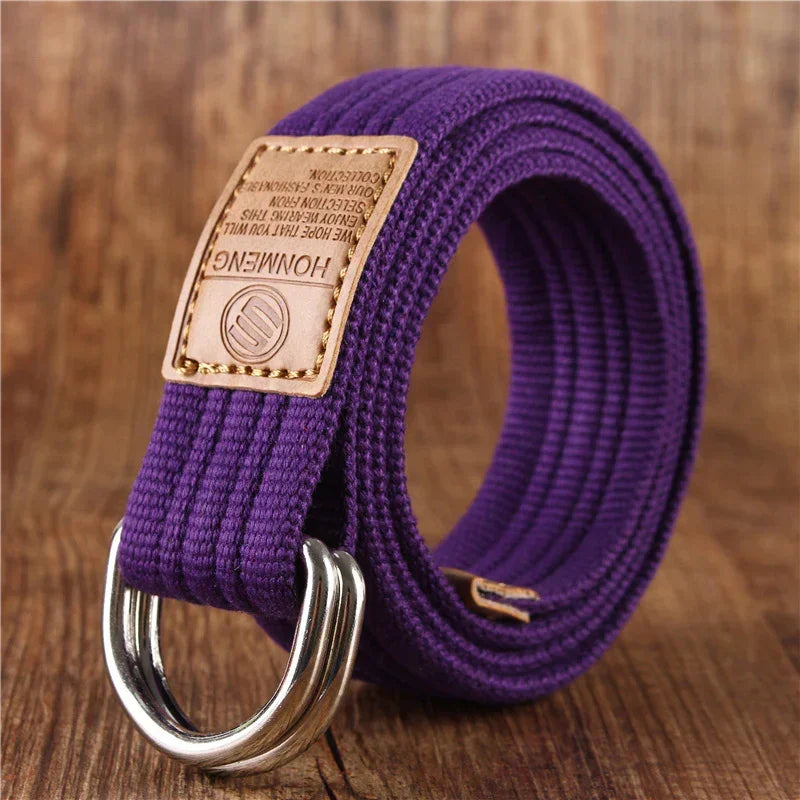 Purple woven fabric belt with silver double D rings and leather patch, casual style.
