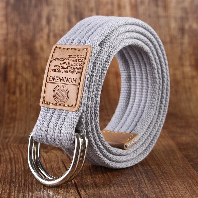 Light gray canvas belt with double metal D-ring buckle and leather patch, casual fit