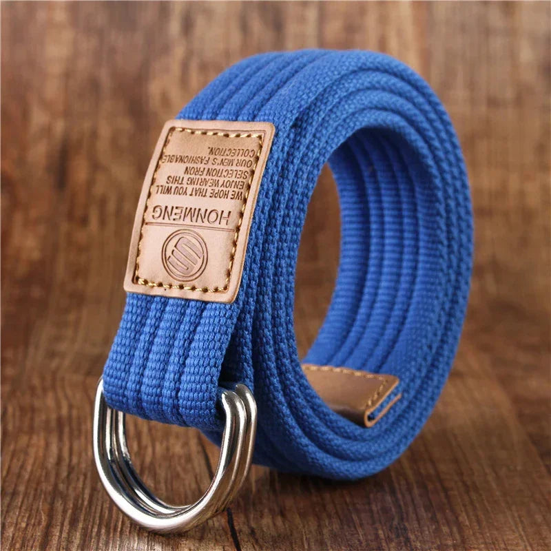 Blue canvas belt with double D-ring buckle and tan leather accent, unisex streetwear accessory