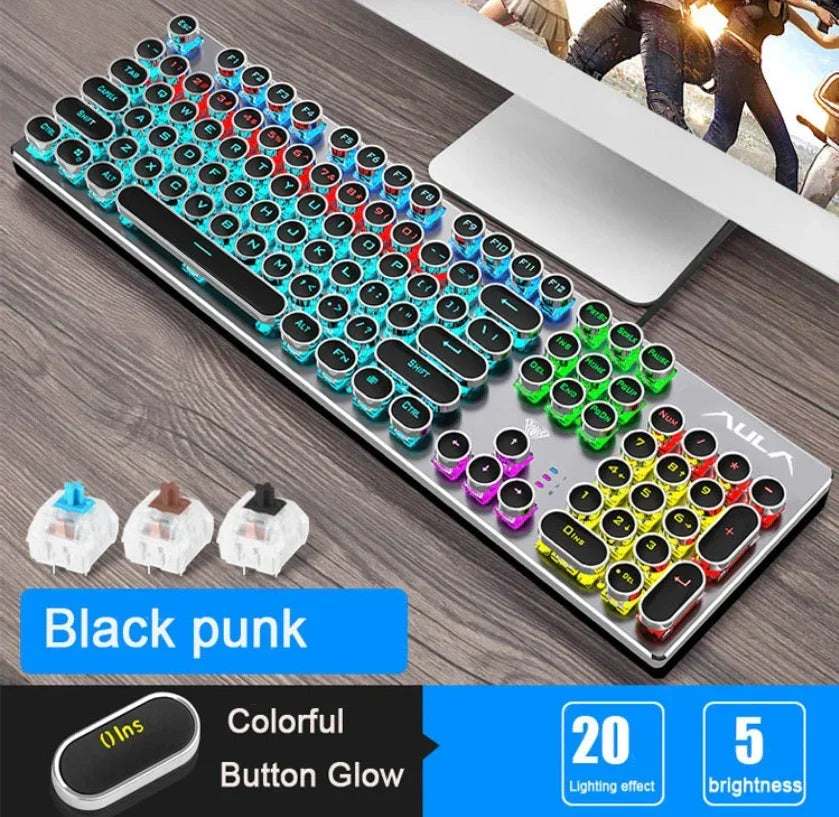 Retro-inspired mechanical keyboard with black round keys and multicolor LED backlighting on desk.