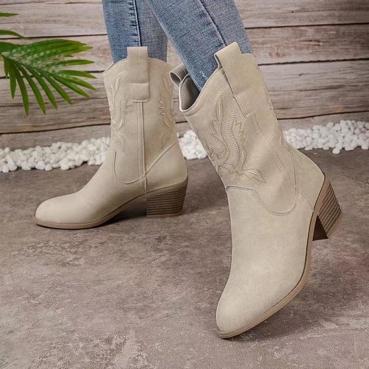 Beige suede mid-calf western boots with block heel and embroidered detailing, slim fit