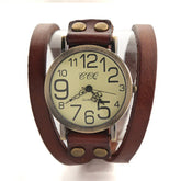 Vintage wide brown leather strap wristwatch with large numerals and bronze metal case