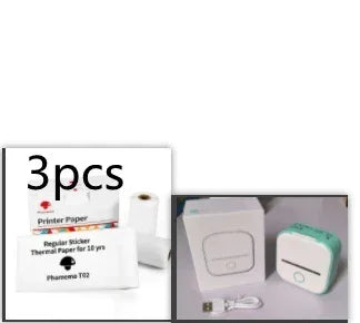 Mini portable thermal label printer with white and mint green body, USB cable, and three rolls of thermal sticker paper.