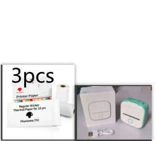 Mini portable thermal label printer with white and mint green body, USB cable, and three rolls of thermal sticker paper.