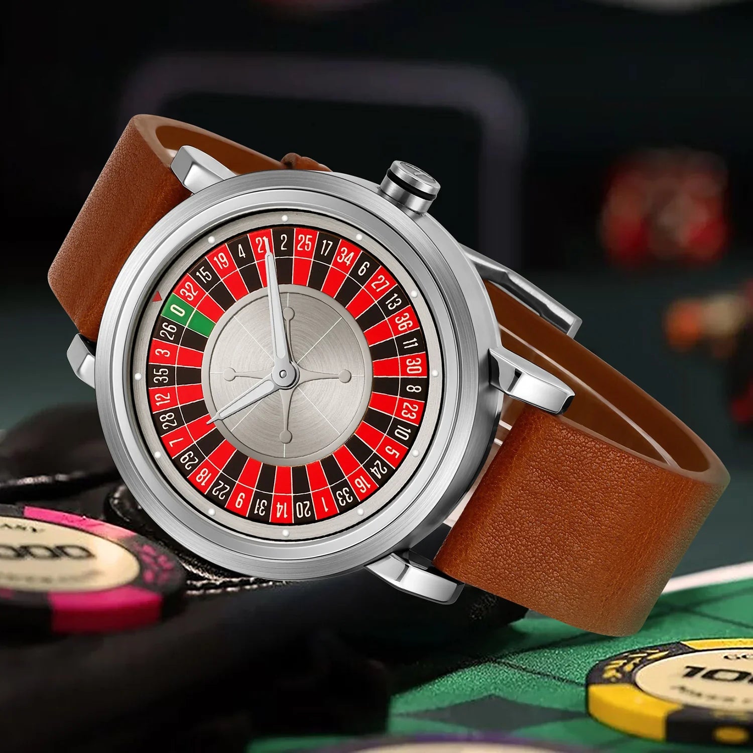 Silver watch with roulette-inspired dial, brown leather strap, modern casino style accessory