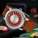 Silver watch with roulette-inspired dial, brown leather strap, modern casino style accessory