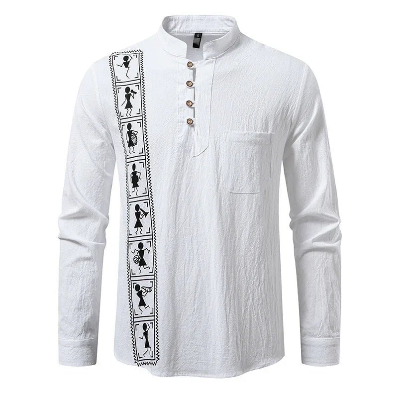 White long sleeve shirt with mandarin collar, buttoned placket, tribal pattern print, relaxed fit