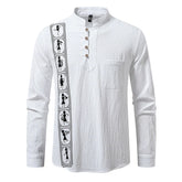 White long sleeve shirt with mandarin collar, buttoned placket, tribal pattern print, relaxed fit