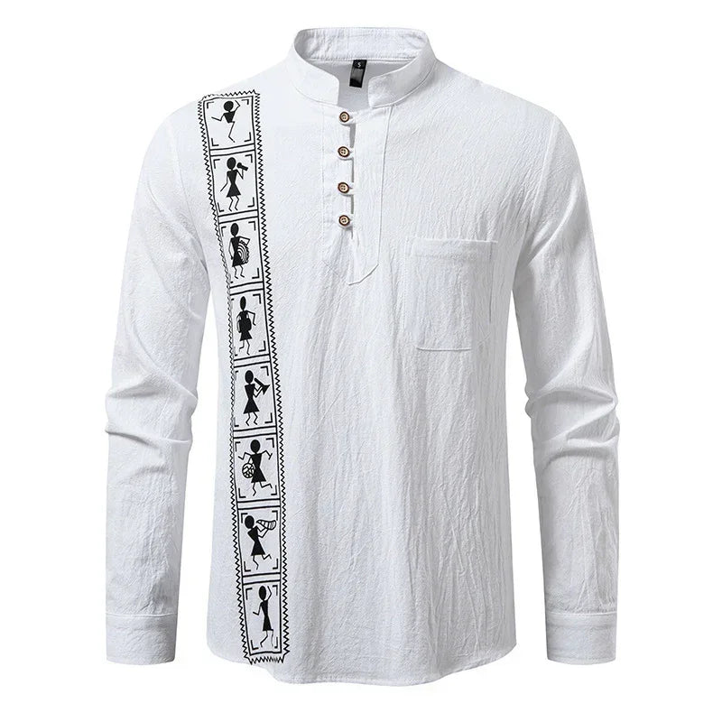 White long sleeve shirt with mandarin collar, buttoned placket, tribal pattern print, relaxed fit