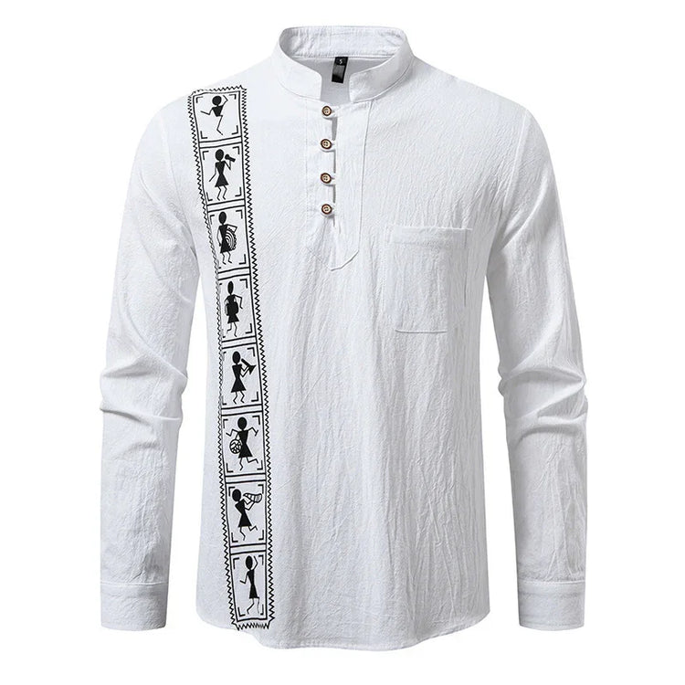 White long sleeve shirt with mandarin collar, buttoned placket, tribal pattern print, relaxed fit