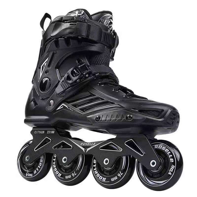 Black hard-shell inline skate with four wheels, secure buckles, and breathable panels.
