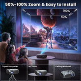 Family watching a sci-fi movie projected on a wall, showing projector zoom options and setup types.