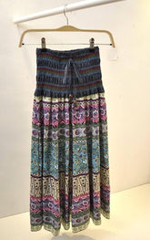 Boho maxi skirt with colorful floral and geometric prints, elastic waist, relaxed fit