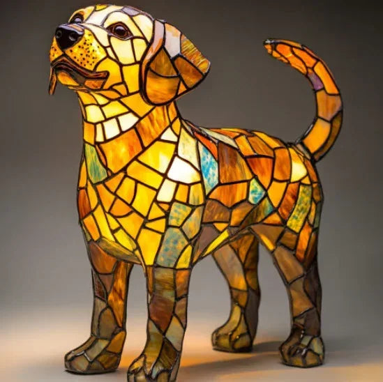 Stained glass dog lamp with mosaic amber, yellow, and brown glass, illuminated and standing