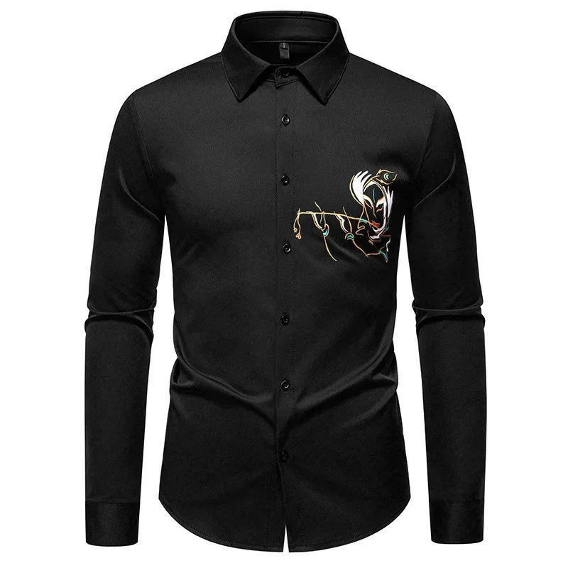Black long sleeve button-up shirt with abstract chest embroidery, slim fit streetwear style