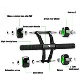 Black and green ab roller parts with non-slip PVC handle, high-density foam grips, and solid wheels.