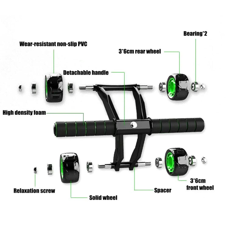 Black and green ab roller parts with non-slip PVC handle, high-density foam grips, and solid wheels.