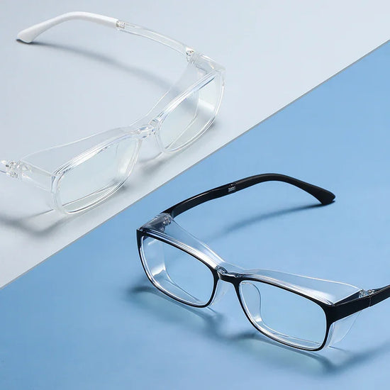 Two pairs of rectangular eyeglasses with clear lenses, one transparent frame and one black frame, minimalist modern style.