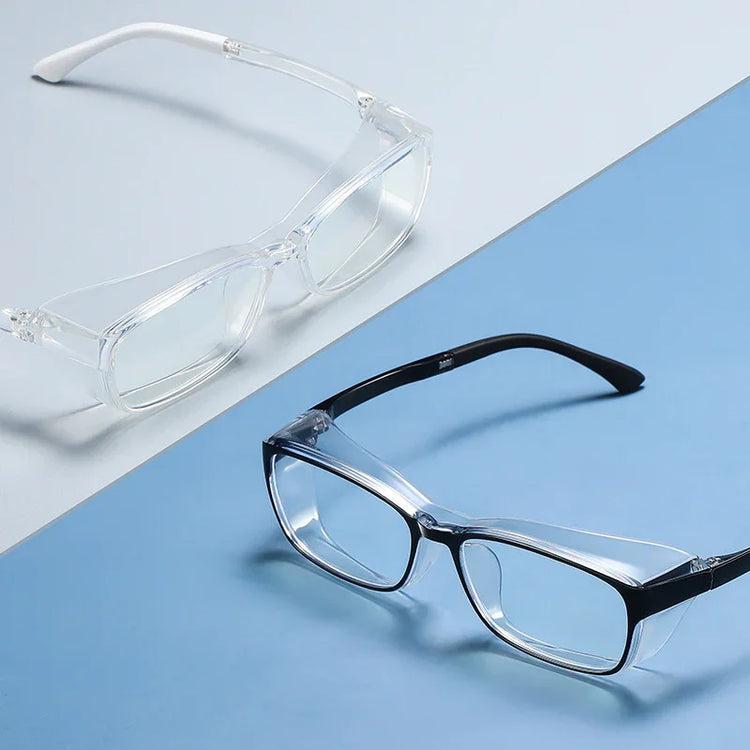 Two pairs of rectangular eyeglasses with clear lenses, one transparent frame and one black frame, minimalist modern style.