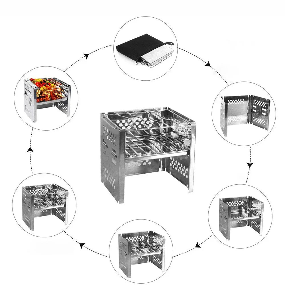 Foldable stainless steel portable grill with mesh panels, shown in assembly steps.