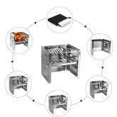Foldable stainless steel portable grill with mesh panels, shown in assembly steps.