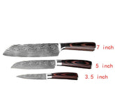 Three knives with damascus steel blades and wooden handles, sizes 7, 5, and 3.5 inch