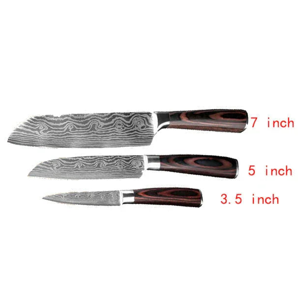 Three knives with damascus steel blades and wooden handles, sizes 7, 5, and 3.5 inch