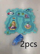 Blue toy boat and sea creature puzzle mat with mermaid, octopus, and submarine illustrations
