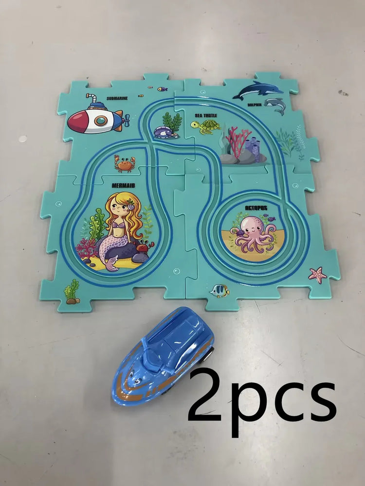 Blue toy boat and sea creature puzzle mat with mermaid, octopus, and submarine illustrations