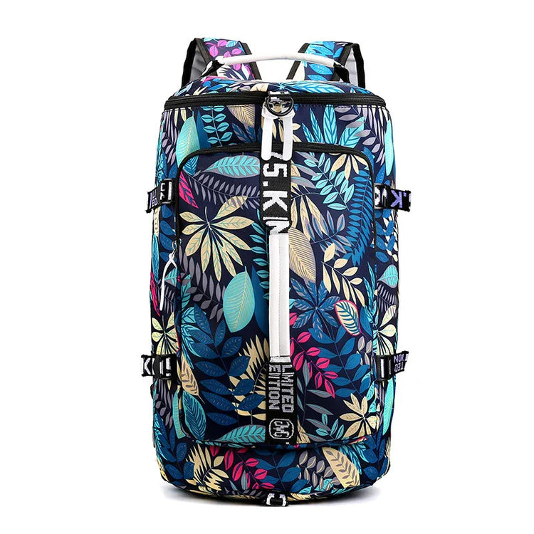 Colorful leaf print backpack with adjustable straps, durable fabric, and modern streetwear style.