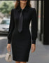 Woman wearing a fitted black long sleeve dress with collar and tie, street style outfit