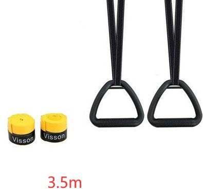 Pair of black fabric handles with adjustable straps and two yellow end caps, 3.5m length.