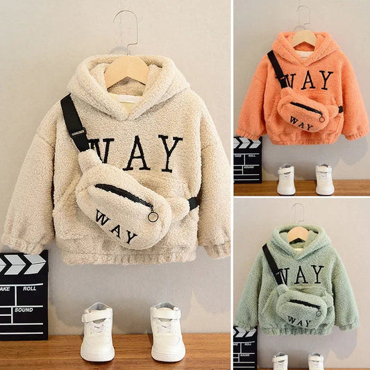 Kids' sherpa fleece hoodies in beige, orange, and green with matching crossbody bags and sneakers