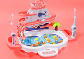 Pink and white plastic fishing game toy set with fishing rods, cartoon fish, and whale graphics