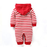 Red and white striped knit baby jumpsuit with hood, long sleeves, and ribbed cuffs.