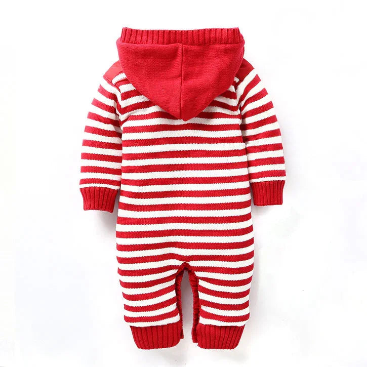 Red and white striped knit baby jumpsuit with hood, long sleeves, and ribbed cuffs.