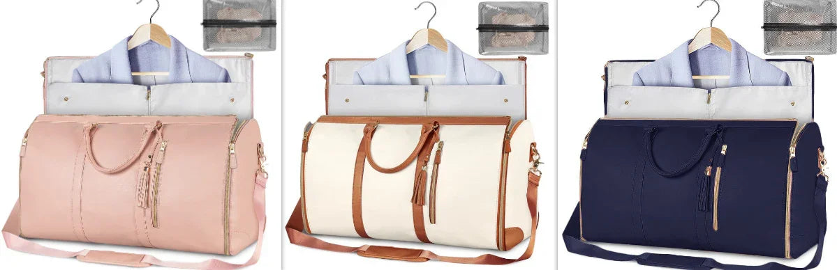 Three travel duffel bags in pink, cream with tan accents, and navy blue, each shown with a hanging shirt and a clear toiletry pouch, highlighting versatile clothing storage and stylish materials.