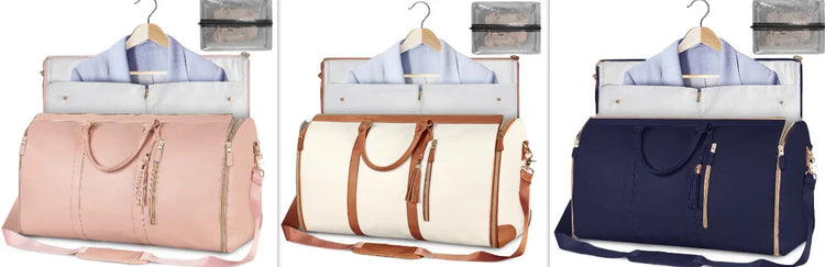 Three travel duffel bags in pink, cream with tan accents, and navy blue, each shown with a hanging shirt and a clear toiletry pouch, highlighting versatile clothing storage and stylish materials.