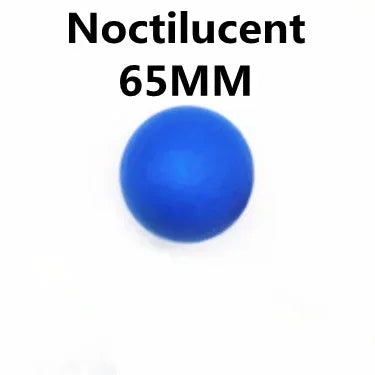 Solid blue noctilucent ball, 65mm diameter, shown on a white background.