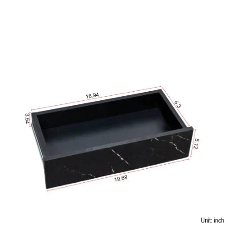 Rectangular black marble tray with white veining, modern minimalist design, dimensioned in inches.