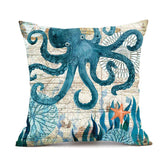 Nautical throw pillow with blue octopus, vintage map pattern, ocean-inspired decor