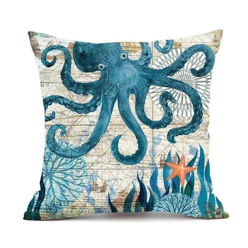 Nautical throw pillow with blue octopus, vintage map pattern, ocean-inspired decor
