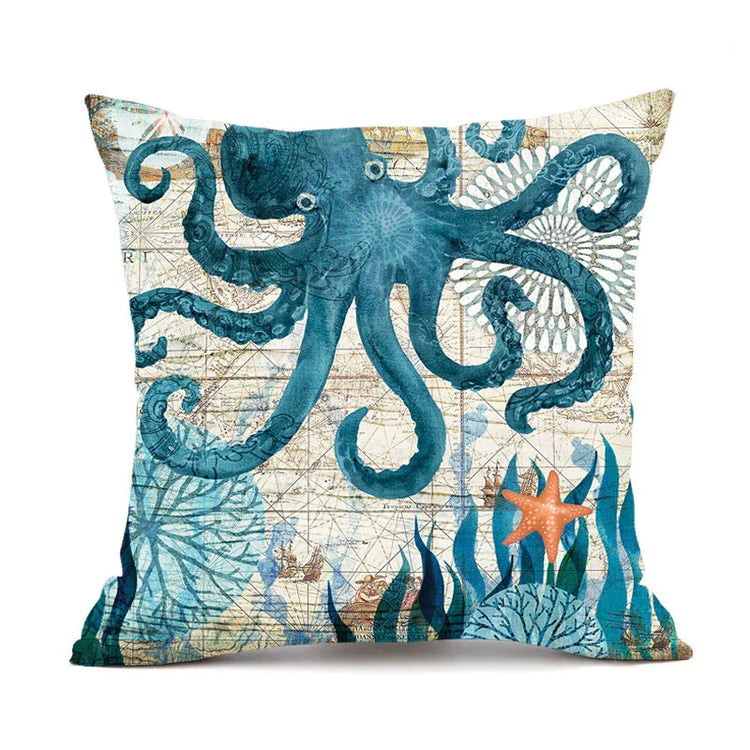 Nautical throw pillow with blue octopus, vintage map pattern, ocean-inspired decor