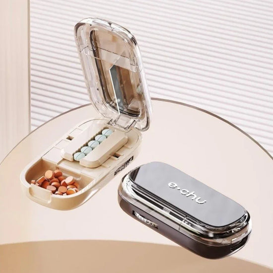 Compact pill organizer with multiple compartments, mirror finish, travel-friendly design