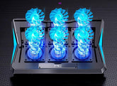 Futuristic cooling pad with six glowing blue fans and sleek black tech design