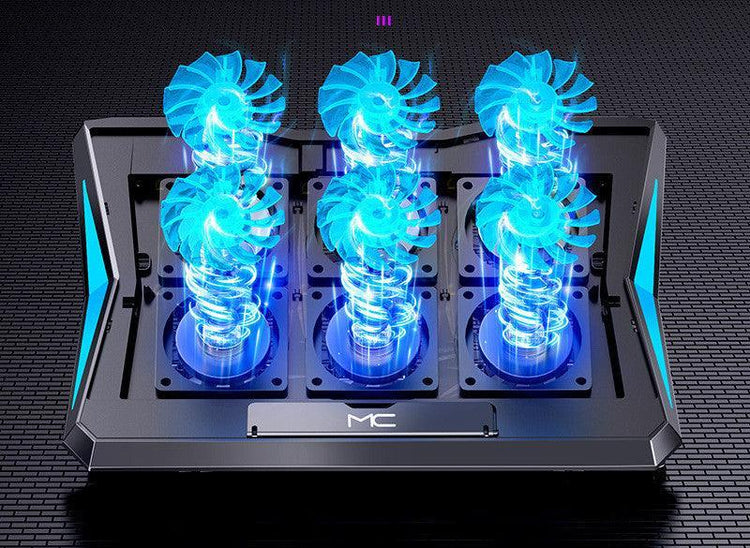 Futuristic cooling pad with six glowing blue fans and sleek black tech design