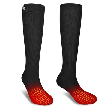 Black knee-high heated socks with ribbed material and red glowing toe area, unisex fit